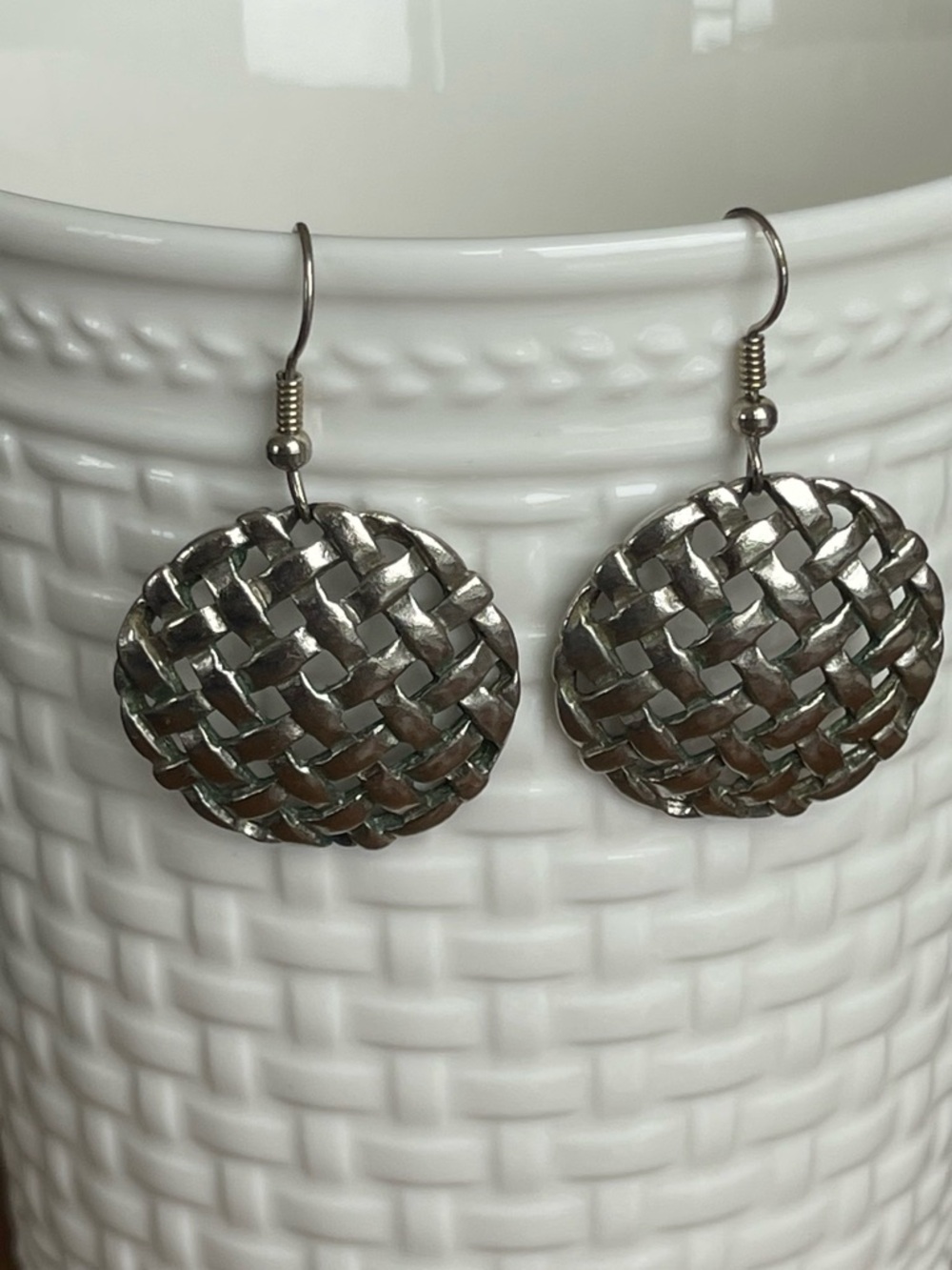 Vintage Basketweave Silver Drop Earrings